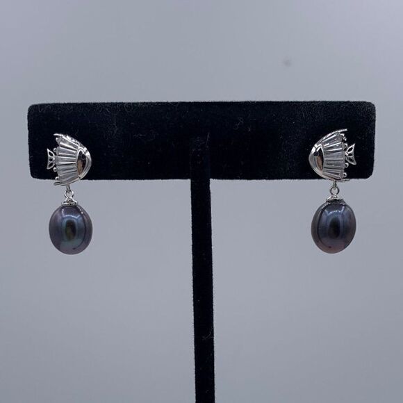 NWOT, earrings, solid 925 sterling silver, real black pearls, clear gem accents - Picture 1 of 16